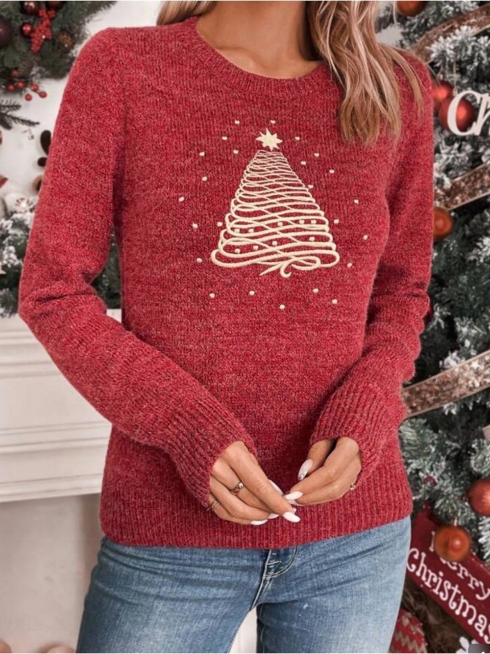 Embroidery Christmas Tree Knit Sweater - Women, medium